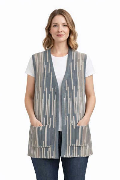 Uludağ Triko Kadın Füme Şeritli Cepli V Yaka Ekose Triko Anne Yelek