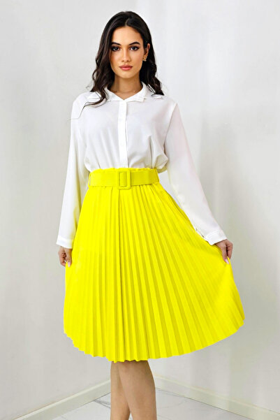 FashionForYou Carmen elegant pleated skirt, matching belt included, Yellow, S...