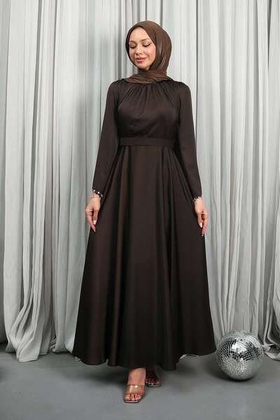 İmajButik Brown Satin Evening Dress with Stone Sleeves and Belt