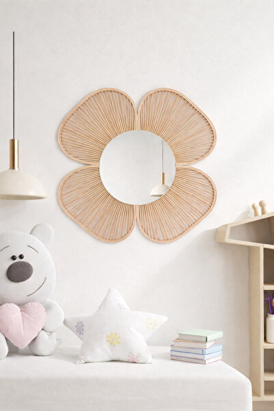 etzdekor Rattan bambu ayna, 4 yapraklı dekoratif çocuk odası,salon aynası