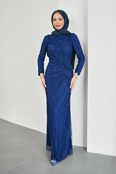 İmajButik Navy Blue Gathered Front Lace Evening Dress