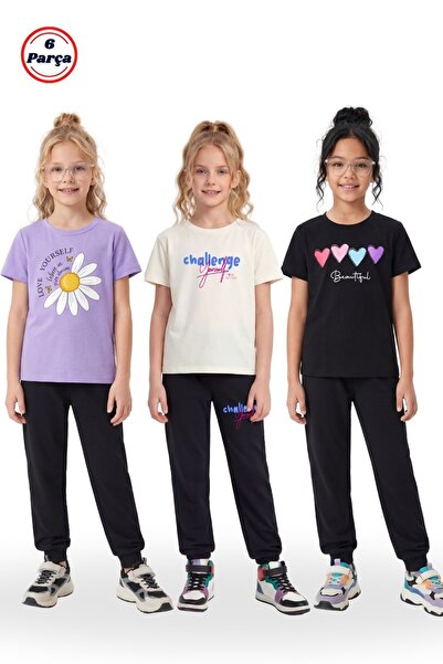 FYK COLLECTİON 3-Piece Assorted Print Detailed Crew Neck Girls' 6-Piece Top a...