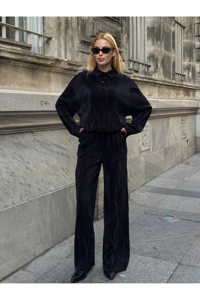 Tubik Women's Pleated Fabric Shirt Collar Button Closure Shirt Pants Bottom T...