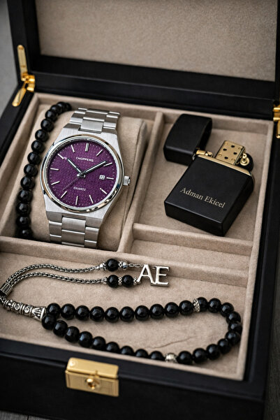 pierrose Gümüş Metal Mor Kadran Su Geçirmez Çelik Erkek Kol Saati Çakmak Tesb...