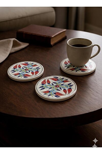 Eren Çini Seramiği 3-Piece Handmade Tile Patterned Ceramic Coasters – Heat Re...