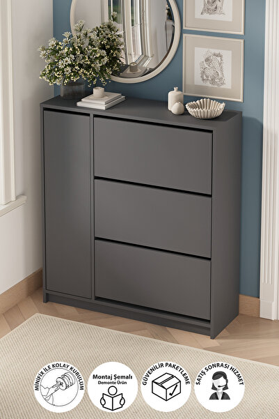 Bofigo Düşer Kapak Ayakkabılık 4 Kapaklı 6 Bölmeli Kayar Raflı Ayakkabılık Gi...