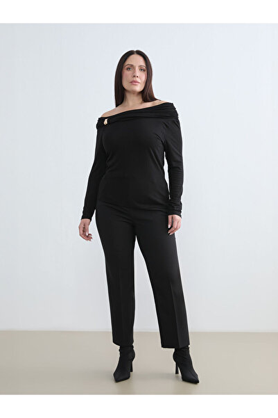 LC Waikiki بنطال نسائي أسود بحزام بقصة الجزرة مقاس كبير