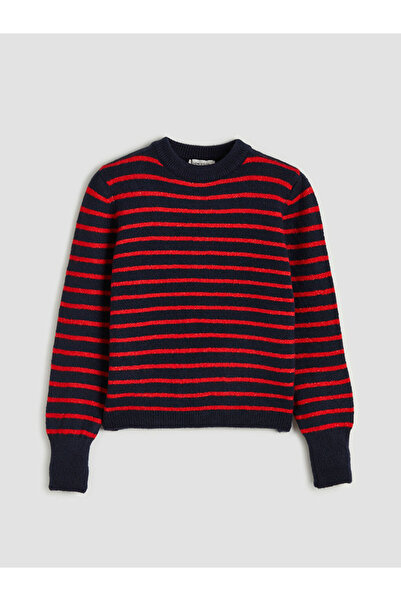 LC Waikiki Red Crew Neck Striped Women's Knitwear Sweater