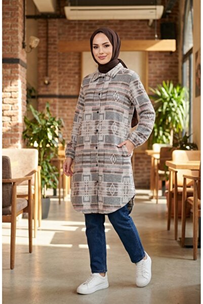 sefamerve Ethnic Patterned Buttoned Lumberjack Winter Tunic 2504-02 Gray Brown