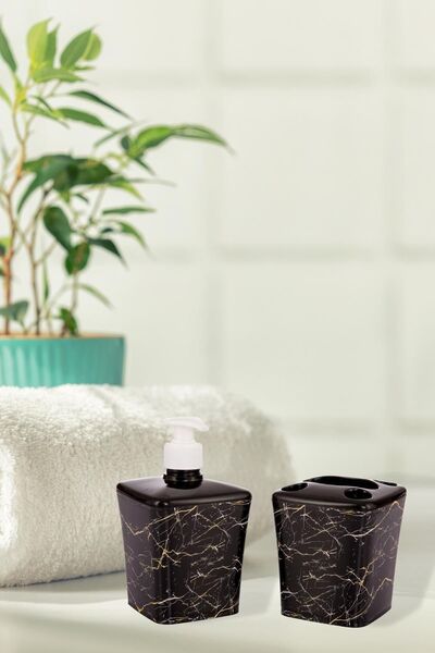 didemhomee Set of 2 Black Marble Pattern Liquid Soap Dish Toothbrush Holder B...