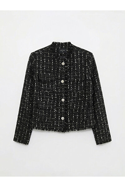 LC Waikiki Μαύρο γυναικείο μπουφάν τουίντ καρό με λαιμόκοψη