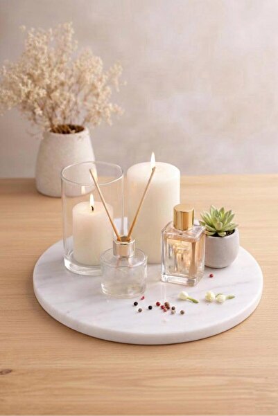 Marbello Beyaz Mermer Servis Tabağı 30 cm – Yuvarlak Dekoratif Sunum & Supla