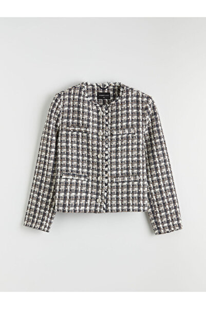 LC Waikiki Gray Crew Neck Plaid Women's Tweed Jacket