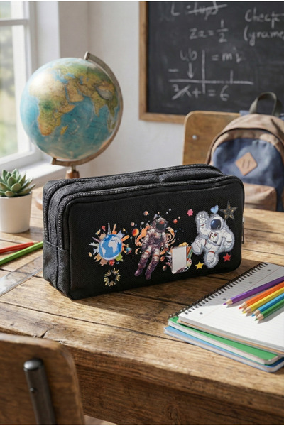 proXbag حامل أقلام أسود منقوش بنمط الفضاء ورائد الفضاء، حافظة أقلام مدرسية ذا...