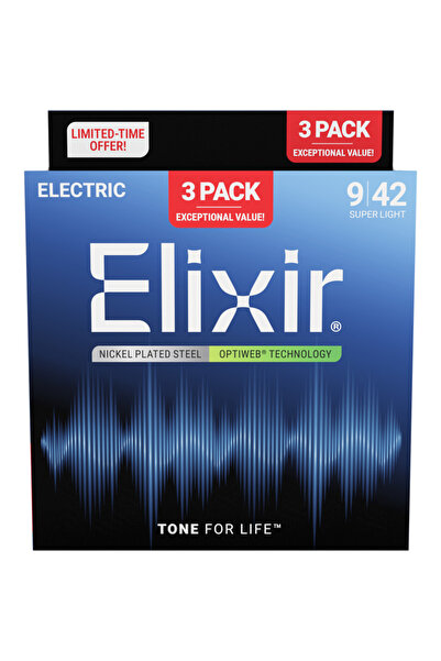 Elixir 009-042 Optiweb Electric Guitar Strings Economical 3-Piece Set (16571)