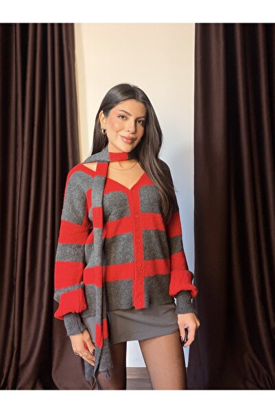 LOISY Women's Red Scarf Striped V-Neck Cardigan