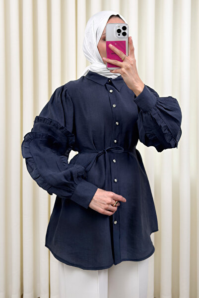 Salih Çelebi Cămașă cu mâneci cu volane 0061 - ALBASTRU ÎNCHIS