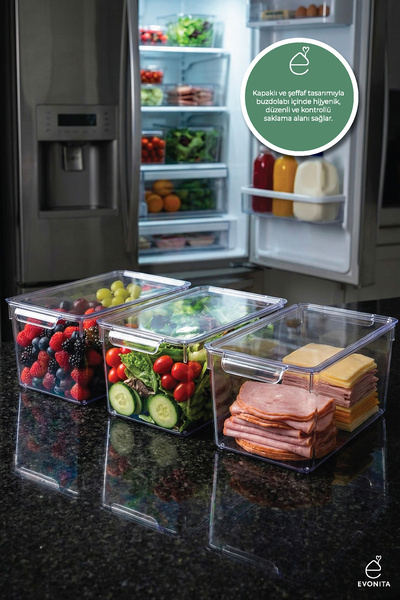 EVONİTA حاوية تخزين كبيرة للثلاجة بحجم XXL مع غطاء شفاف، 3 قطع، 32.5×20×14.5 ...