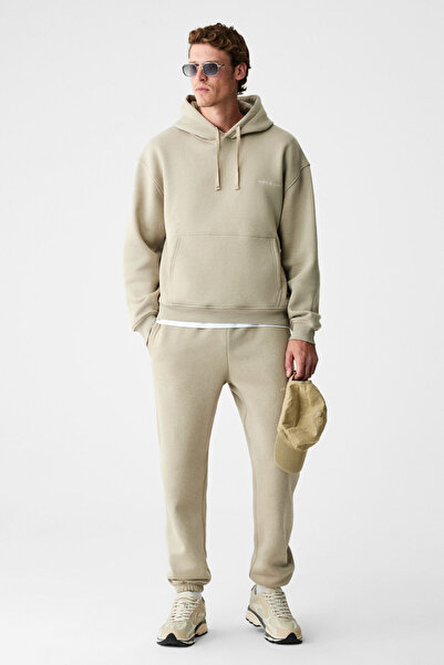 GRIMELANGE Marshallhoodie Men's Cotton Fleece Lined Embroidered Relaxed Stone...