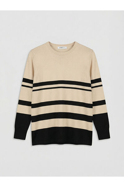 LC Waikiki Lcw Grace Beige Crew Neck Striped Women's Knitwear Sweater