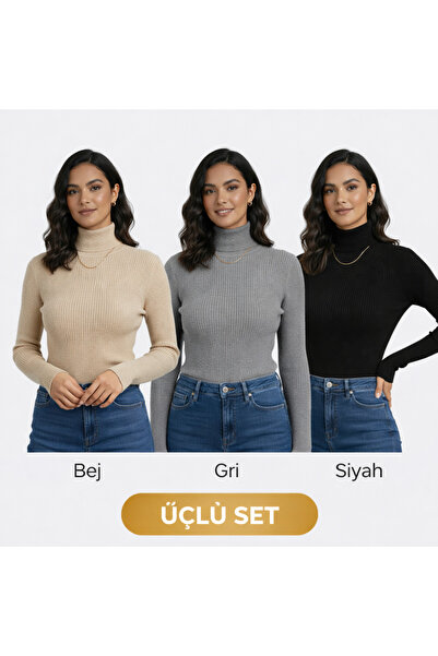 nacar çarşı Women's Turtleneck Corded Fabric Knitwear Blouse Set of 3 – Cream...