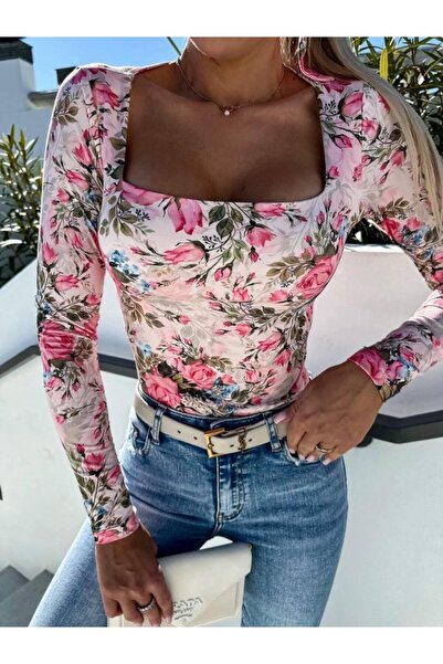 buğrahayalin Women's Single Jersey Fabric Floral Pattern Long Sleeve Square N...