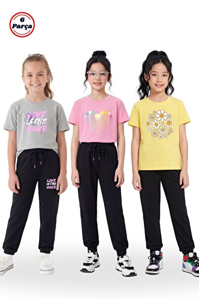 FYK COLLECTİON 3-Piece Assorted Print Detailed Crew Neck Girls' 6-Piece Top a...