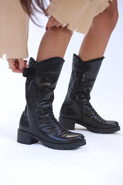 ELİT SHOES حذاء شتوي نسائي من الجلد الطبيعي من برونا بتفاصيل فرو داخلي أسود ل...