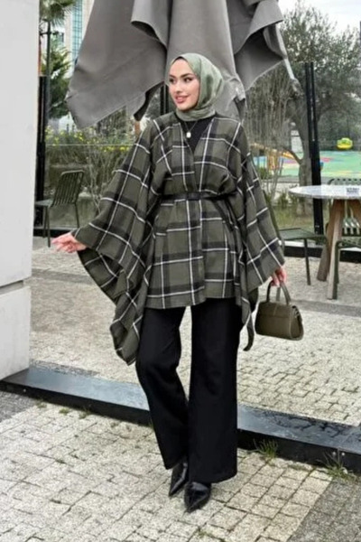 Tesettür Diyarı Плетений палантин з поясом Loren з картатим візерунком - хакі...