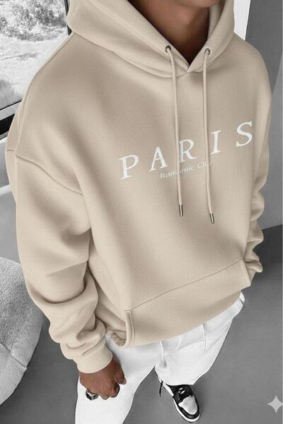 NO 601 Men's Beige Paris City Printed Hooded Sweatshirt