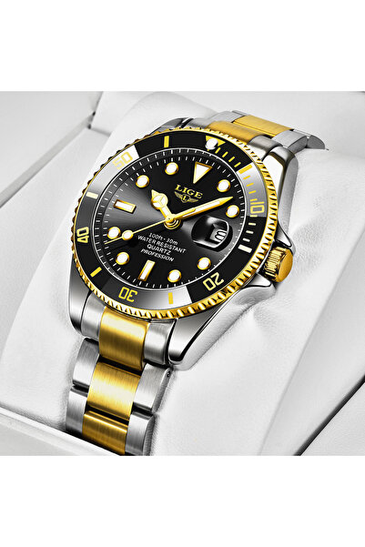 Lige ساعة غوص فاخرة للرجال من ماركة عالمية، لون ذهبي وأسود، مقاومة للماء حتى ...