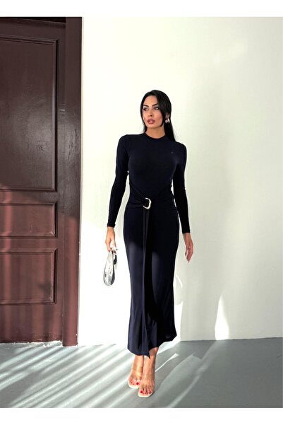 LİSAA BUTİK Crew Neck Accessory Detailed Long Sleeve Dress