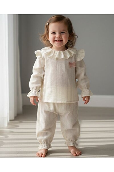 Babyhola Fiyonk Detaylı Simli Müslin Bayramlık Kız Bebek Takım Üst ve Pantolo...