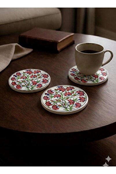 Eren Çini Seramiği 3-Piece Handmade Tile Patterned Ceramic Coasters – Heat Re...