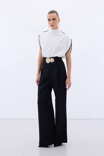 Sateen KADIN DEGAJE YAKA ŞERİTLİ KOLSUZ SATEN BLUZ-EKRU