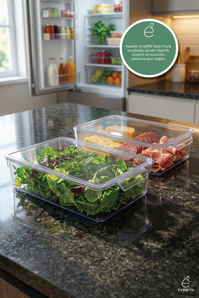 EVONİTA 2-Piece L-Shaped Transparent Refrigerator Organizer Storage Container...