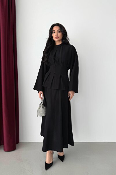 Serica Moda Black Belted Back-Tie Blouse and Skirt Set