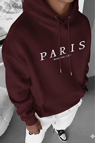 NO 601 Men's Burgundy Paris City Printed Hooded Sweatshirt