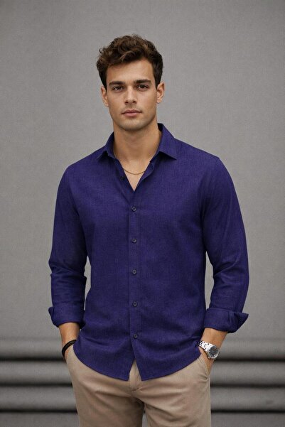 Bürke Sofia Linen Navy Blue Half Oversized Men's Shirt