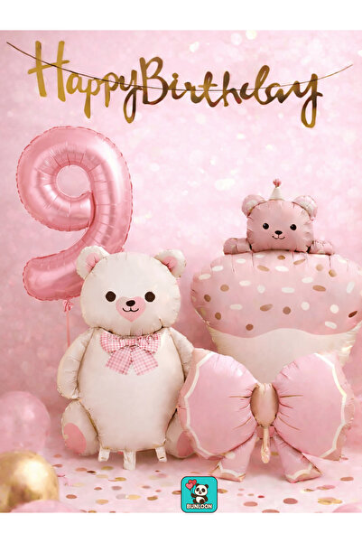 Bunloon Розов плюшен мечок Тема 9-ти рожден ден Фолио балон комплект