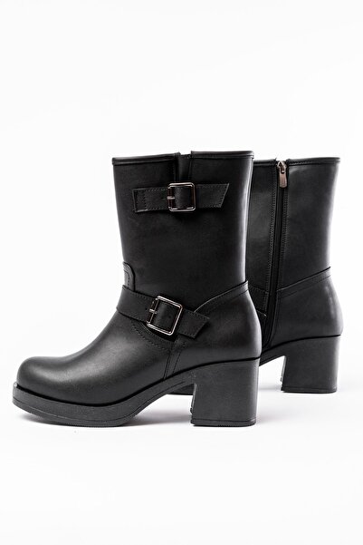 Zerenyus ZRİN-3043 Cizme de damă premium cu cataramă neagră și toc gros, cu f...