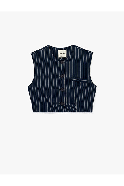 Koton Buttoned Crew Neck Striped Crop Blazer Vest