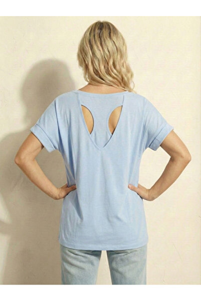 NEW JOURNAL Women's Baby Blue Casual Backless Detailed Oversized Tunic Tshirt...