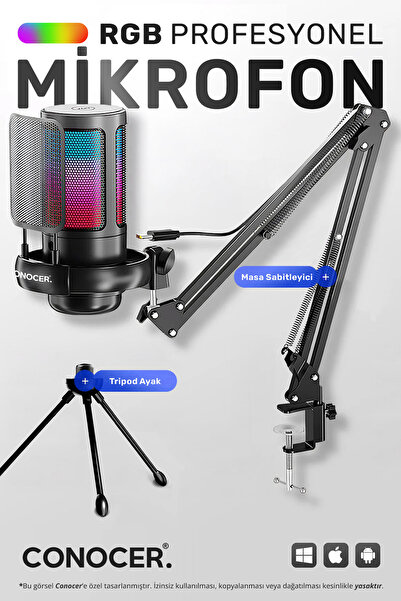 CONOCER Rgb Gaming USB Microphone with Tripod and Desk Stand Professional Str...