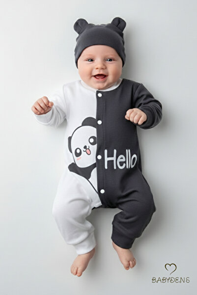 BABYDEN'S Panda Printed Baby Romper & Hat Set, Color Block ,Long Sleeve Newbo...