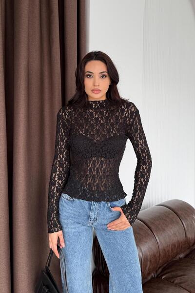 Serica Moda Black Lace Embroidered Sheer Blouse