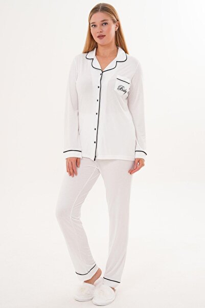 Mecit Pijama Mecit 6307 Ecru Buttoned Women's Pajama Set