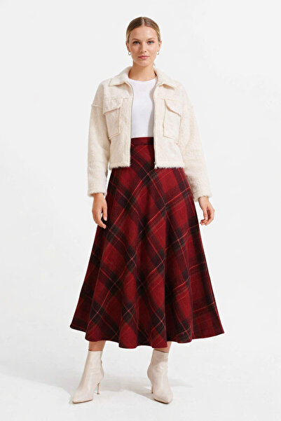 Polo State Women's High Waist Plaid Patterned Flared Midi Skirt Red