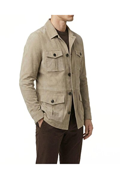 TerziAdemAltun Itayan Style Slim Fit Buttons Genuine Suede Leather Coat Beige...