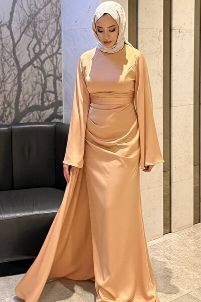 Tesettür Diyarı Kadın Arabella Pelerinli Saten Balık Abiye-Kavun